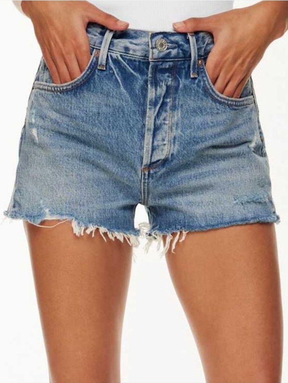 Agolde Jaden Denim Shorts High Rise Distressed Button Front Size 25